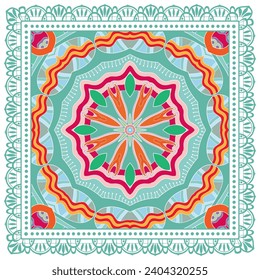 Decorative doodle ornament, symmetric pattern with lace frame. Tribal ethnic mandala decor. Bandana shawl, hijab, tablecloth fabric print, silk neck scarf, kerchief design. Colorful vector background