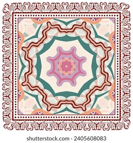 Ornamento doodle decorativo, patrón simétrico con marco de encaje. Decoración de mandala étnica tribal. Chal de andana, hijab, estampado de tela de mantel, pañuelo de cuello de seda, diseño de pañuelos. Fondo de vector colorido