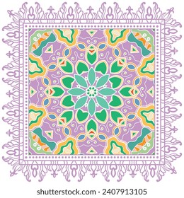 Decorative doodle ornament, symmetric pattern with lace frame. Tribal ethnic mandala decor. Bandana shawl, hijab, tablecloth fabric print, silk neck scarf, kerchief design. Colorful vector background