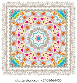 Decorative doodle ornament, symmetric pattern with lace frame. Tribal ethnic mandala decor. Bandana shawl, hijab, tablecloth fabric print, silk neck scarf, kerchief design. Colorful vector background