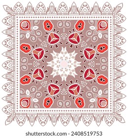 Decorative doodle ornament, symmetric pattern with lace frame. Tribal ethnic mandala decor. Bandana shawl, hijab, tablecloth fabric print, silk neck scarf, kerchief design. Colorful vector background