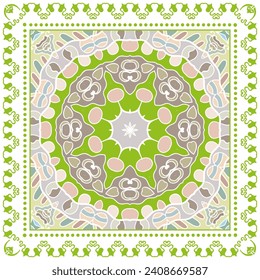 Decorative doodle ornament, symmetric pattern with lace frame. Tribal ethnic mandala decor. Bandana shawl, hijab, tablecloth fabric print, silk neck scarf, kerchief design. Colorful vector background