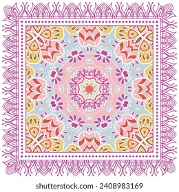 Decorative doodle ornament, symmetric pattern with lace frame. Tribal ethnic mandala decor. Bandana shawl, hijab, tablecloth fabric print, silk neck scarf, kerchief design. Colorful vector background