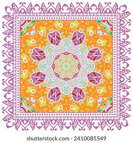 Ornamento doodle decorativo, patrón simétrico con marco de encaje. Decoración de mandala étnica tribal. Chal de andana, hijab, estampado de tela de mantel, pañuelo de cuello de seda, diseño de pañuelos. Fondo de vector colorido