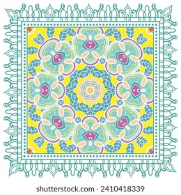 Ornamento doodle decorativo, patrón simétrico con marco de encaje. Decoración de mandala étnica tribal. Chal de andana, hijab, estampado de tela de mantel, pañuelo de cuello de seda, diseño de pañuelos. Fondo de vector colorido