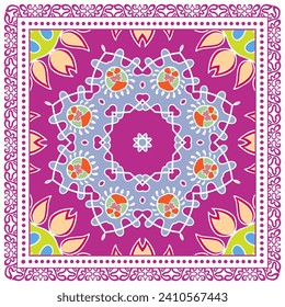 Decorative doodle ornament, symmetric pattern with lace frame. Tribal ethnic mandala decor. Bandana shawl, hijab, tablecloth fabric print, silk neck scarf, kerchief design. Colorful vector background