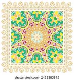 Decorative doodle ornament, symmetric pattern with lace frame. Tribal ethnic mandala decor. Bandana shawl, hijab, tablecloth fabric print, silk neck scarf, kerchief design. Colorful vector background