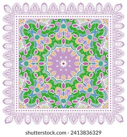 Ornamento doodle decorativo, patrón simétrico con marco de encaje. Decoración de mandala étnica tribal. Chal de andana, hijab, estampado de tela de mantel, pañuelo de cuello de seda, diseño de pañuelos. Fondo de vector colorido