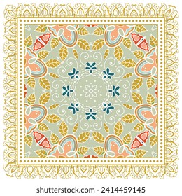 Dekorative Doodle-Ornament, symmetrisches Muster mit Spitzenrahmen. Ethnisch-ethnische Mandalendekor. Bandana-Schal, Hijab, Tischdecken-Stoffdruck, Seidenhalsschal, Kerochdesign. Farbiger Vektorhintergrund