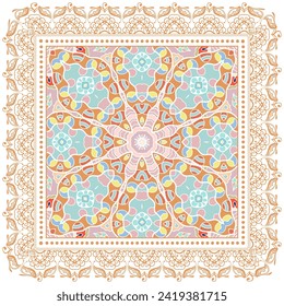Decorative doodle ornament, symmetric pattern with lace frame. Tribal ethnic mandala decor. Bandana shawl, hijab, tablecloth fabric print, silk neck scarf, kerchief design. Colorful vector background