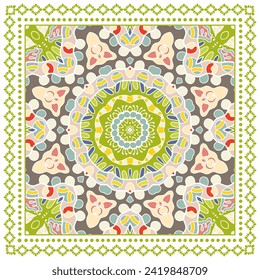 Decorative doodle ornament, symmetric pattern with lace frame. Tribal ethnic mandala decor. Bandana shawl, hijab, tablecloth fabric print, silk neck scarf, kerchief design. Colorful vector background