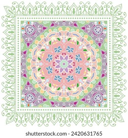 Decorative doodle ornament, symmetric pattern with lace frame. Tribal ethnic mandala decor. Bandana shawl, hijab, tablecloth fabric print, silk neck scarf, kerchief design. Colorful vector background