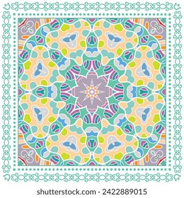 Ornamento doodle decorativo, patrón simétrico con marco de encaje. Decoración de mandala étnica tribal. Chal de andana, hijab, estampado de tela de mantel, pañuelo de cuello de seda, diseño de pañuelos. Fondo de vector colorido