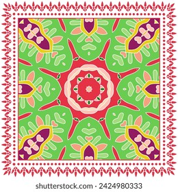 Adorno de garabato decorativo, patrón simétrico con marco de encaje. Decoración de mandala étnica tribal. Mantón de banana, hijab, estampado de mantel, bufanda de seda, diseño de pañuelo. Fondo vectorial colorido