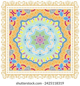 Adorno de garabato decorativo, patrón simétrico con marco de encaje. Decoración de mandala étnica tribal. Mantón de banana, hijab, estampado de mantel, bufanda de seda, diseño de pañuelo. Fondo vectorial colorido