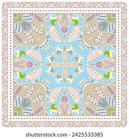 Decorative doodle ornament, symmetric pattern with lace frame. Tribal ethnic mandala decor. Bandana shawl, hijab, tablecloth fabric print, silk neck scarf, kerchief design. Colorful vector background