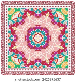 Decorative doodle ornament, symmetric pattern with lace frame. Tribal ethnic mandala decor. Bandana shawl, hijab, tablecloth fabric print, silk neck scarf, kerchief design. Colorful vector background