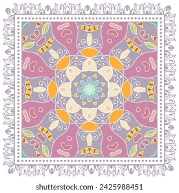 Decorative doodle ornament, symmetric pattern with lace frame. Tribal ethnic mandala decor. Bandana shawl, hijab, tablecloth fabric print, silk neck scarf, kerchief design. Colorful vector background