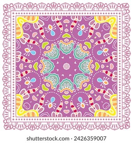 Decorative doodle ornament, symmetric pattern with lace frame. Tribal ethnic mandala decor. Bandana shawl, hijab, tablecloth fabric print, silk neck scarf, kerchief design. Colorful vector background
