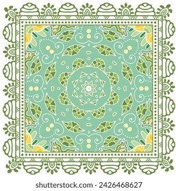 Decorative doodle ornament, symmetric pattern with lace frame. Tribal ethnic mandala decor. Bandana shawl, hijab, tablecloth fabric print, silk neck scarf, kerchief design. Colorful vector background