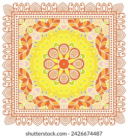 Dekoratives Kritzelornament, symmetrisches Muster mit Spitzenrahmen. Dekoration im Stil der Ethno-Mandalas. Bandana Schal, Hijab, Tischdecke Stoffdruck, Seidenhalsschal, Kerstuch-Design. Bunter Vektorhintergrund