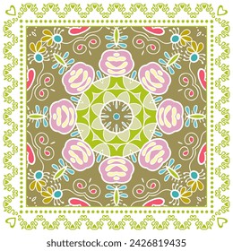 Decorative doodle ornament, symmetric pattern with lace frame. Tribal ethnic mandala decor. Bandana shawl, hijab, tablecloth fabric print, silk neck scarf, kerchief design. Colorful vector background