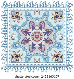 Decorative doodle ornament, symmetric pattern with lace frame. Tribal ethnic mandala decor. Bandana shawl, hijab, tablecloth fabric print, silk neck scarf, kerchief design. Colorful vector background