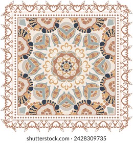 Decorative doodle ornament, symmetric pattern with lace frame. Tribal ethnic mandala decor. Bandana shawl, hijab, tablecloth fabric print, silk neck scarf, kerchief design. Colorful vector background