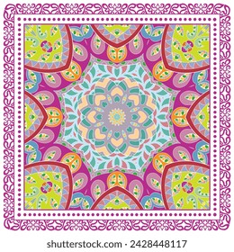 Decorative doodle ornament, symmetric pattern with lace frame. Tribal ethnic mandala decor. Bandana shawl, hijab, tablecloth fabric print, silk neck scarf, kerchief design. Colorful vector background