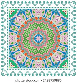 Decorative doodle ornament, symmetric pattern with lace frame. Tribal ethnic mandala decor. Bandana shawl, hijab, tablecloth fabric print, silk neck scarf, kerchief design. Colorful vector background