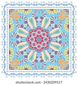 Decorative doodle ornament, symmetric pattern with lace frame. Tribal ethnic mandala decor. Bandana shawl, hijab, tablecloth fabric print, silk neck scarf, kerchief design. Colorful vector background