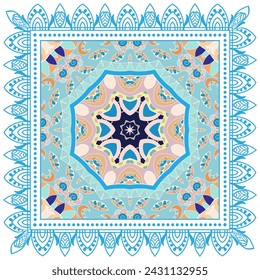 Decorative doodle ornament, symmetric pattern with lace frame. Tribal ethnic mandala decor. Bandana shawl, hijab, tablecloth fabric print, silk neck scarf, kerchief design. Colorful vector background