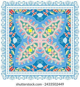 Decorative doodle ornament, symmetric pattern with lace frame. Tribal ethnic mandala decor. Bandana shawl, hijab, tablecloth fabric print, silk neck scarf, kerchief design. Colorful vector background