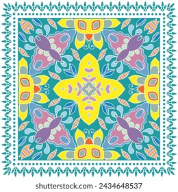 Adorno de garabato decorativo, patrón simétrico con marco de encaje. Decoración de mandala étnica tribal. Mantón de banana, hijab, estampado de mantel, bufanda de seda, diseño de pañuelo. Fondo vectorial colorido