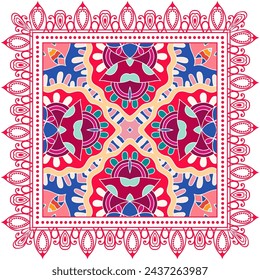 Dekoratives Kritzelornament, symmetrisches Muster mit Spitzenrahmen. Dekoration im Stil der Ethno-Mandalas. Bandana Schal, Hijab, Tischdecke Stoffdruck, Seidenhalsschal, Kerstuch-Design. Bunter Vektorhintergrund