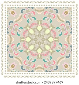 Decorative doodle ornament, symmetric pattern with lace frame. Tribal ethnic mandala decor. Bandana shawl, hijab, tablecloth fabric print, silk neck scarf, kerchief design. Colorful vector background
