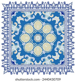Decorative doodle ornament, symmetric pattern with lace frame. Tribal ethnic mandala decor. Bandana shawl, hijab, tablecloth fabric print, silk neck scarf, kerchief design. Colorful vector background