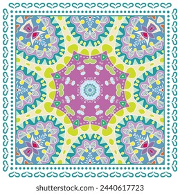 Decorative doodle ornament, symmetric pattern with lace frame. Tribal ethnic mandala decor. Bandana shawl, hijab, tablecloth fabric print, silk neck scarf, kerchief design. Colorful vector background