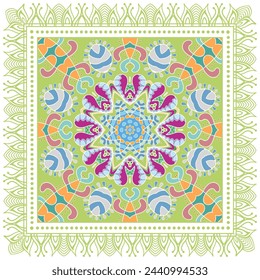 Decorative doodle ornament, symmetric pattern with lace frame. Tribal ethnic mandala decor. Bandana shawl, hijab, tablecloth fabric print, silk neck scarf, kerchief design. Colorful vector background