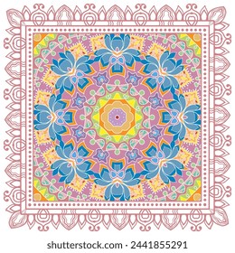 Decorative doodle ornament, symmetric pattern with lace frame. Tribal ethnic mandala decor. Bandana shawl, hijab, tablecloth fabric print, silk neck scarf, kerchief design. Colorful vector background