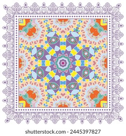 Decorative doodle ornament, symmetric pattern with lace frame. Tribal ethnic mandala decor. Bandana shawl, hijab, tablecloth fabric print, silk neck scarf, kerchief design. Colorful vector background