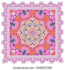 Decorative doodle ornament, symmetric pattern with lace frame. Tribal ethnic mandala decor. Bandana shawl, hijab, tablecloth fabric print, silk neck scarf, kerchief design. Colorful vector background