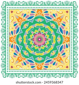 Decorative doodle ornament, symmetric pattern with lace frame. Tribal ethnic mandala decor. Bandana shawl, hijab, tablecloth fabric print, silk neck scarf, kerchief design. Colorful vector background