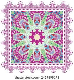 Decorative doodle ornament, symmetric pattern with lace frame. Tribal ethnic mandala decor. Bandana shawl, hijab, tablecloth fabric print, silk neck scarf, kerchief design. Colorful vector background