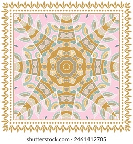 Decorative doodle ornament, symmetric pattern with lace frame. Tribal ethnic mandala decor. Bandana shawl, hijab, tablecloth fabric print, silk neck scarf, kerchief design. Colorful vector background