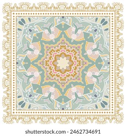Decorative doodle ornament, symmetric pattern with lace frame. Tribal ethnic mandala decor. Bandana shawl, hijab, tablecloth fabric print, silk neck scarf, kerchief design. Colorful vector background