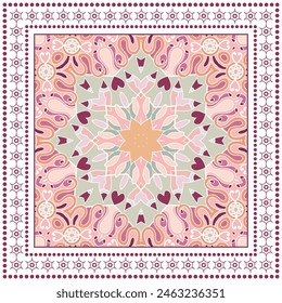 Decorative doodle ornament, symmetric pattern with lace frame. Tribal ethnic mandala decor. Bandana shawl, hijab, tablecloth fabric print, silk neck scarf, kerchief design. Colorful vector background