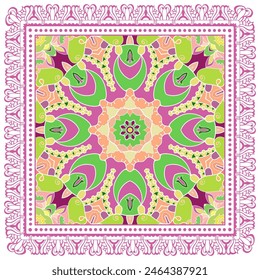 Decorative doodle ornament, symmetric pattern with lace frame. Tribal ethnic mandala decor. Bandana shawl, hijab, tablecloth fabric print, silk neck scarf, kerchief design. Colorful vector background