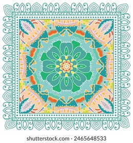 Decorative doodle ornament, symmetric pattern with lace frame. Tribal ethnic mandala decor. Bandana shawl, hijab, tablecloth fabric print, silk neck scarf, kerchief design. Colorful vector background