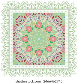 Decorative doodle ornament, symmetric pattern with lace frame. Tribal ethnic mandala decor. Bandana shawl, hijab, tablecloth fabric print, silk neck scarf, kerchief design. Colorful vector background